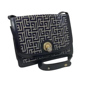 Balmain Vintage Monogram Canvas & Leather Crossbody Bag Navy Gold Hardware